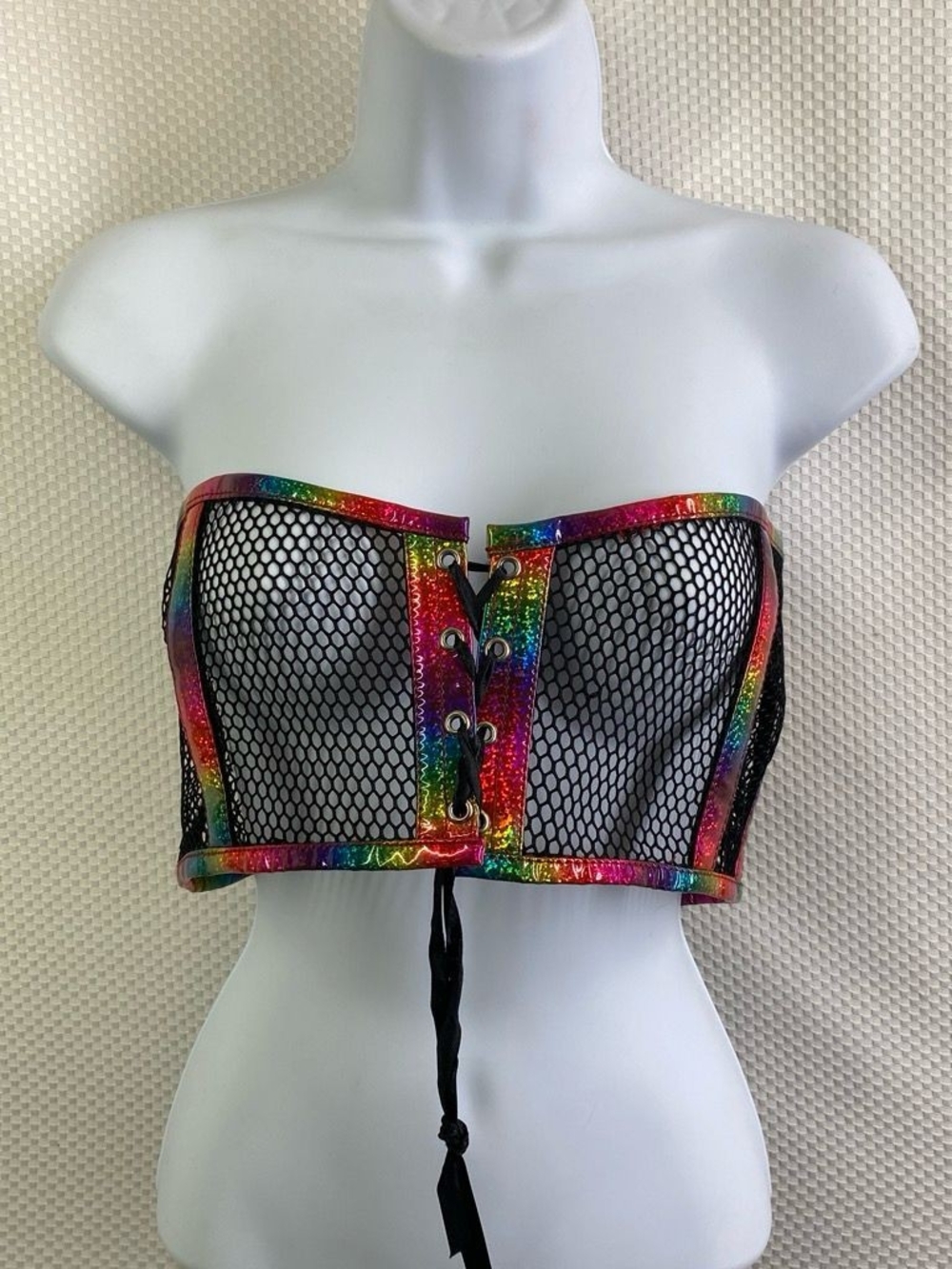 Daisy Corsets Lavish Rainbow Glitter PVC & Fishnet Lace-Up Bustier Top, Size XL